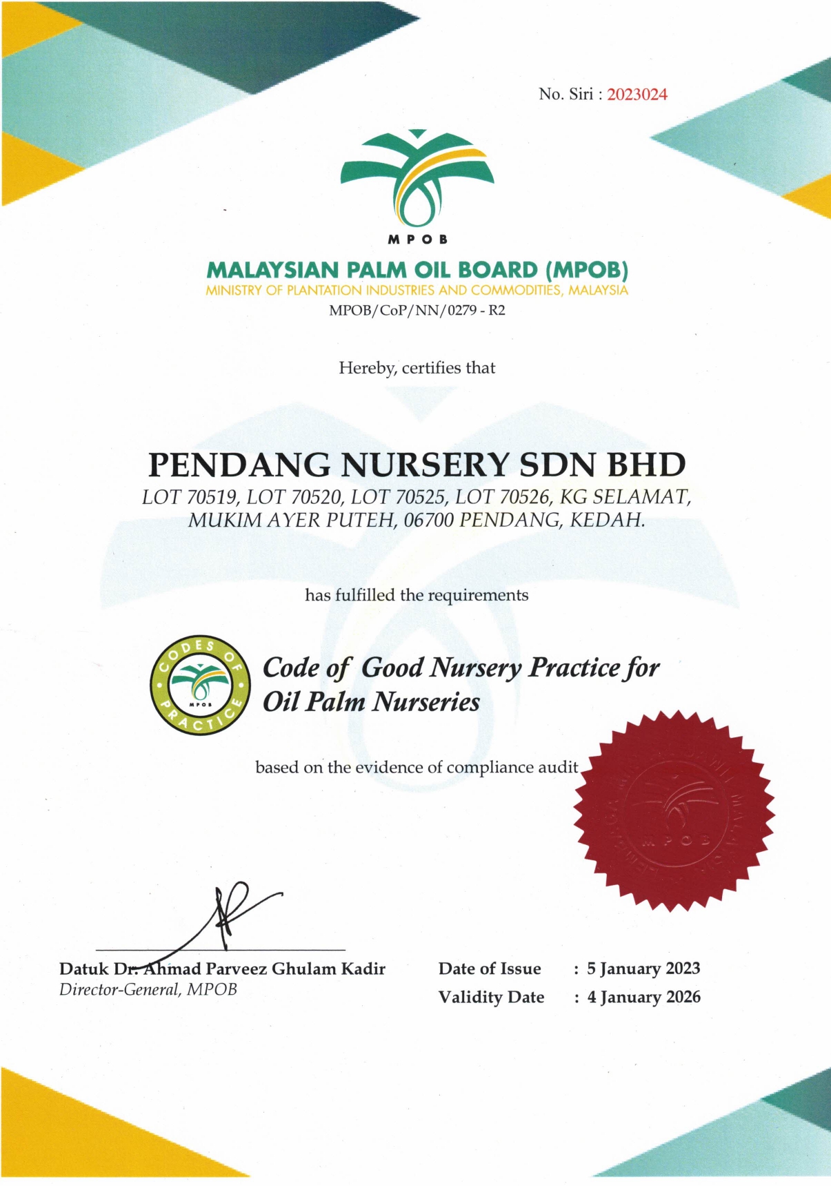 MALAYSIAN PALM OIL BOARD (MPOB) certificate