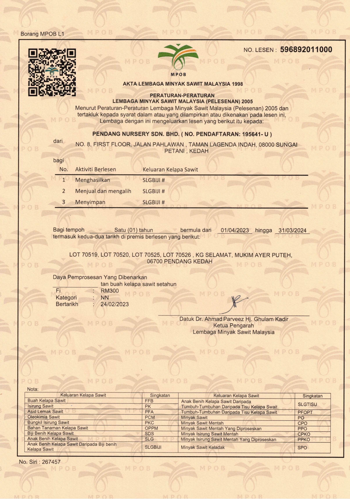 MALAYSIAN PALM OIL BOARD (MPOB) certificate